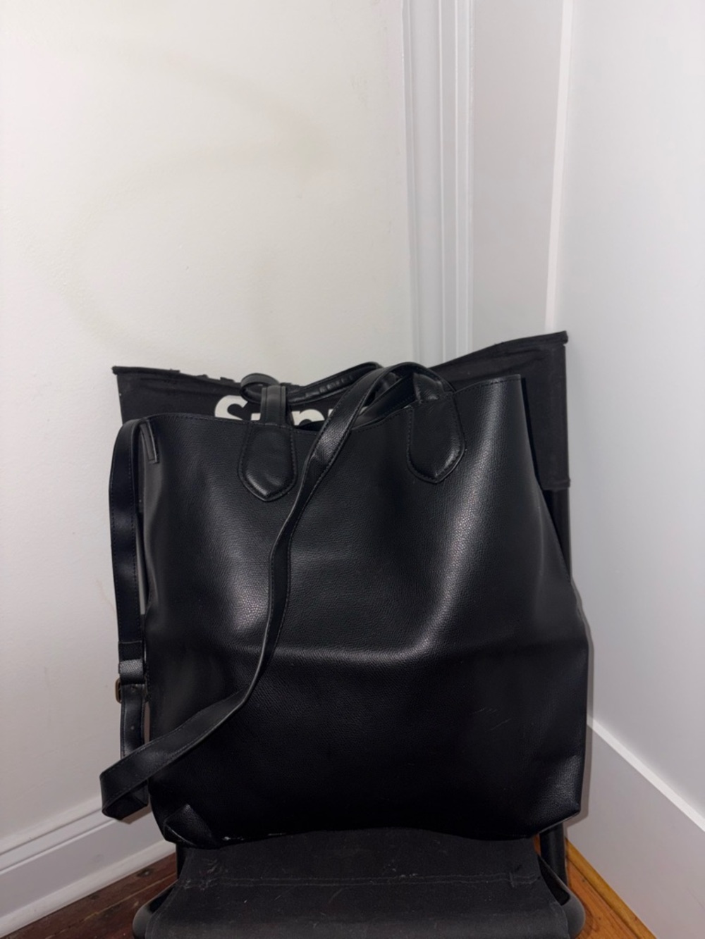 Classic Black Leather Crossbody Tote Bag